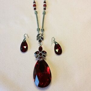 FINAL SALE PRICE Silver & Red Statement Necklace + Earrings